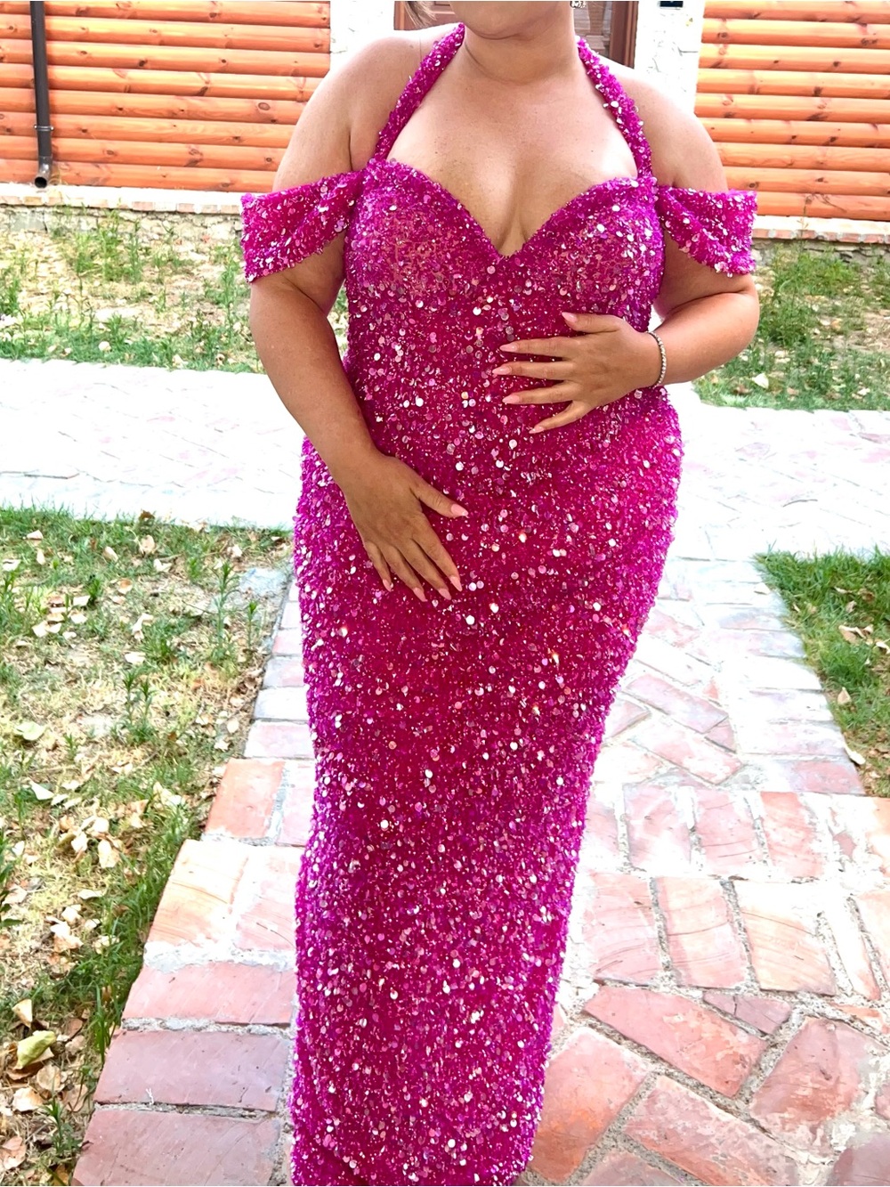 Elegant Hot Pink Sequin Off-Shoulder Evening Dress